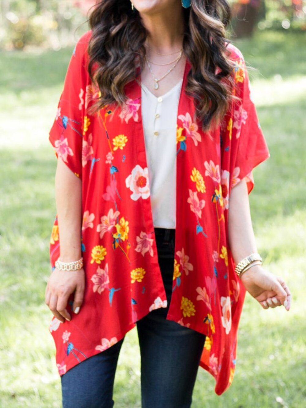 ANN TAYLOR LOFT Lily Red Floral Kimono Cardigan Short Sleeve Swim Coverup XS / S
